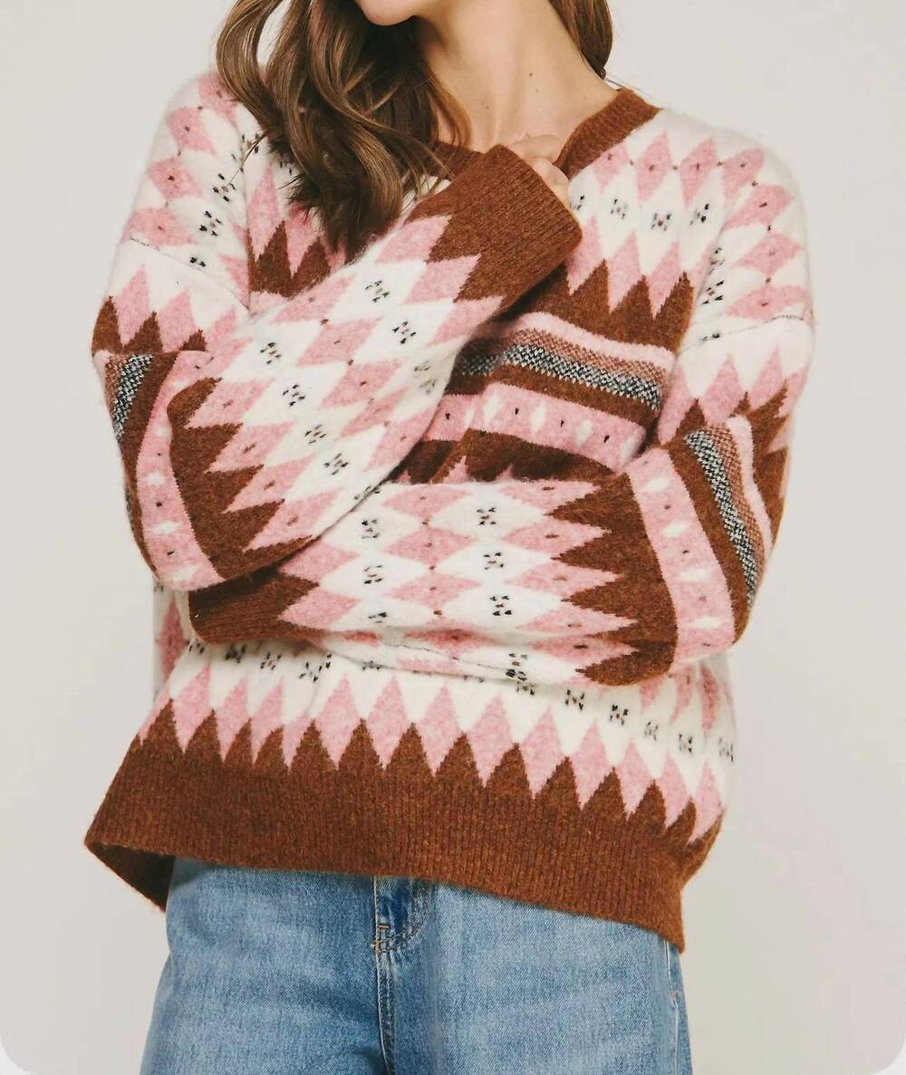 NEW STRUT & BOLT argyle fair isle knit crewneck sweater in pink multi